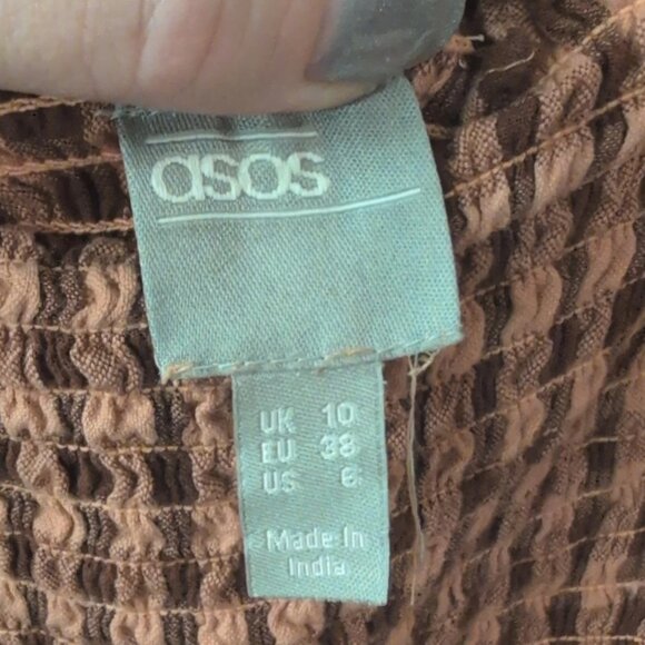 ASOS Brown Check A-Line Dress Smocked Puff Sleeve Square Neck Long Size US 6 - Picture 4 of 4